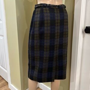 Plaid Women's Wool Pencil Skirt with Chain Detail
